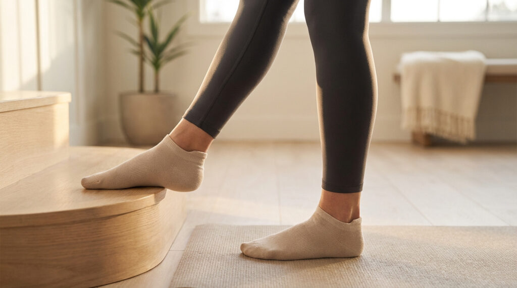 Gros plan sur les pieds et jambes d'une personne en chaussettes claires et legging sombre, sur une marche en bois et un tapis.