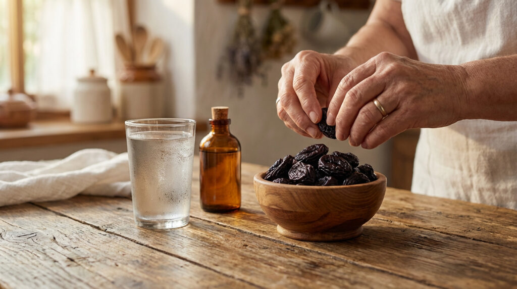 Mains prenant des prunes séchées d'un bol en bois. À côté, un verre d'eau fraîche et une petite bouteille sur une table rustique.