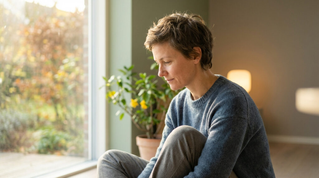 Femme assise au sol, le regard baissé, l'air pensif, près d'une fenêtre avec un paysage flou et une plante. Ambiance introspective.