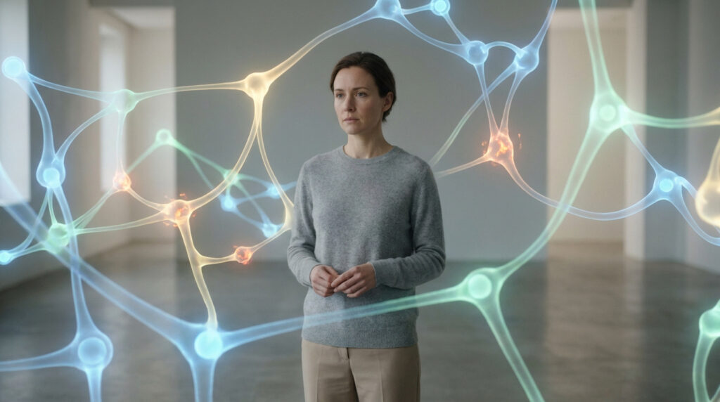Femme debout, pensive, avec un réseau neuronal lumineux en surimpression, des nœuds s'illuminant de couleurs variées.