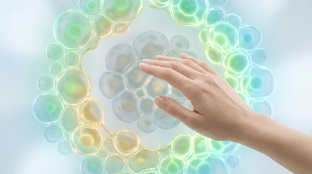 Une main humaine effleure un ensemble de cellules lumineuses, multicolores (verts, bleus, jaunes), disposées en cercle sur fond clair.