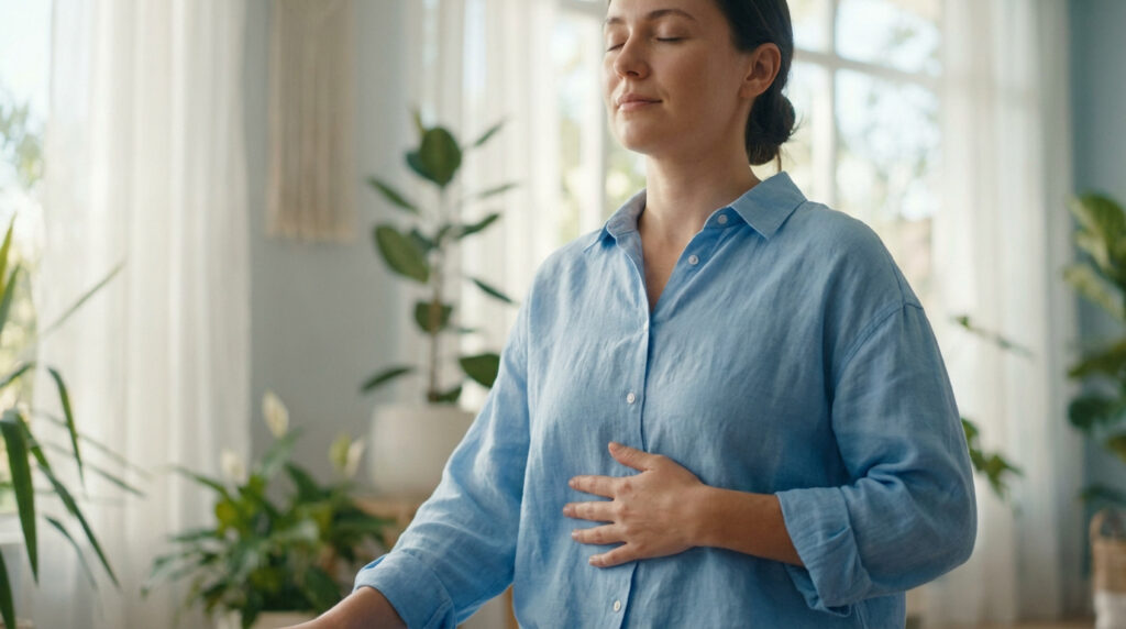 Femme les yeux fermés, main sur l'abdomen, pratiquant la respiration profonde dans une pièce lumineuse avec plantes vertes.