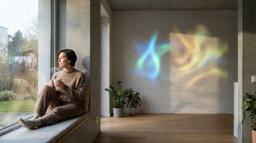 Femme assise à la fenêtre, tenant une tasse, avec son reflet visible. Des motifs lumineux bleus et jaunes colorent le mur de la pièce.
