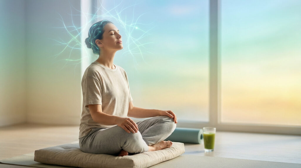 Une femme médite en position du lotus, des ondes lumineuses émanant de sa tête, symbolisant la clarté mentale et la sérénité.