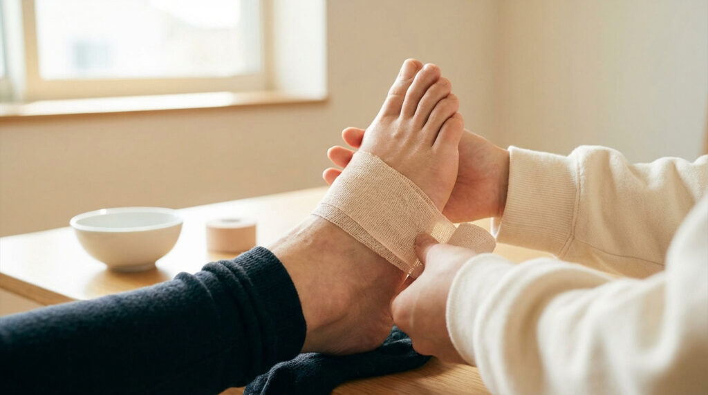 Gros plan sur des mains appliquant un bandage beige sur le médio-pied d'une personne, sur une table claire. Une coupelle et un rouleau de bande sont visibles.