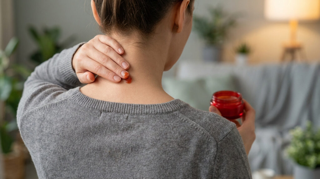 Personne de dos appliquant du baume orangé sur sa nuque douloureuse, tenant un pot rouge. Scène de soulagement naturel.
