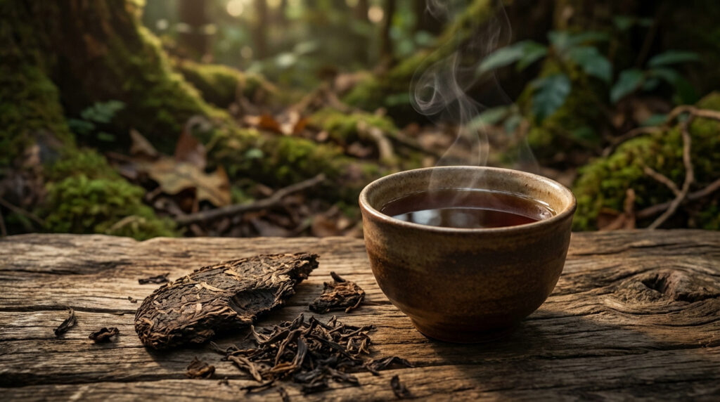 Tasse de thé Pu-erh fumante, galette de thé pressé et feuilles sur une table en bois rustique, fond forestier verdoyant.