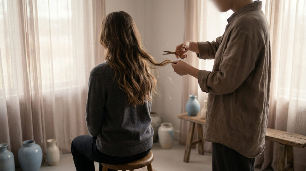 Une personne coupe les longs cheveux ondulés d'une autre personne assise, vue de dos, dans une pièce lumineuse avec des rideaux clairs.