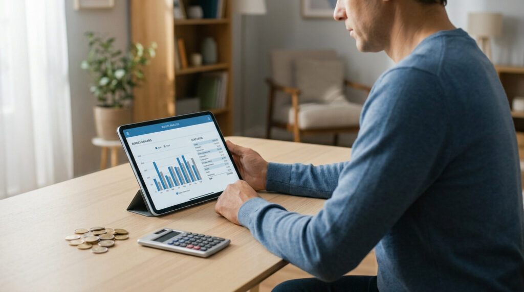 Un homme examine des données budgétaires sur tablette, avec pièces et calculatrice, pour estimer le coût d'une procédure médicale.