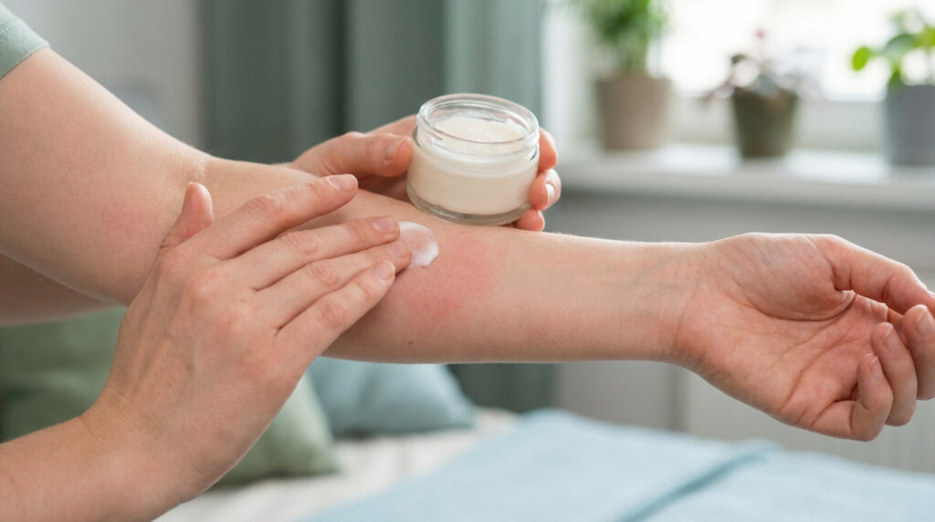 Une personne applique une crème apaisante sur une zone rougie et irritée de son avant-bras, suggérant une réaction allergique au nickel.
