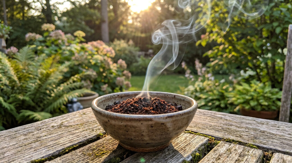 Un bol de marc de café brûlé fumant sur une table en bois dans un jardin ensoleillé, illustrant un répulsif naturel.