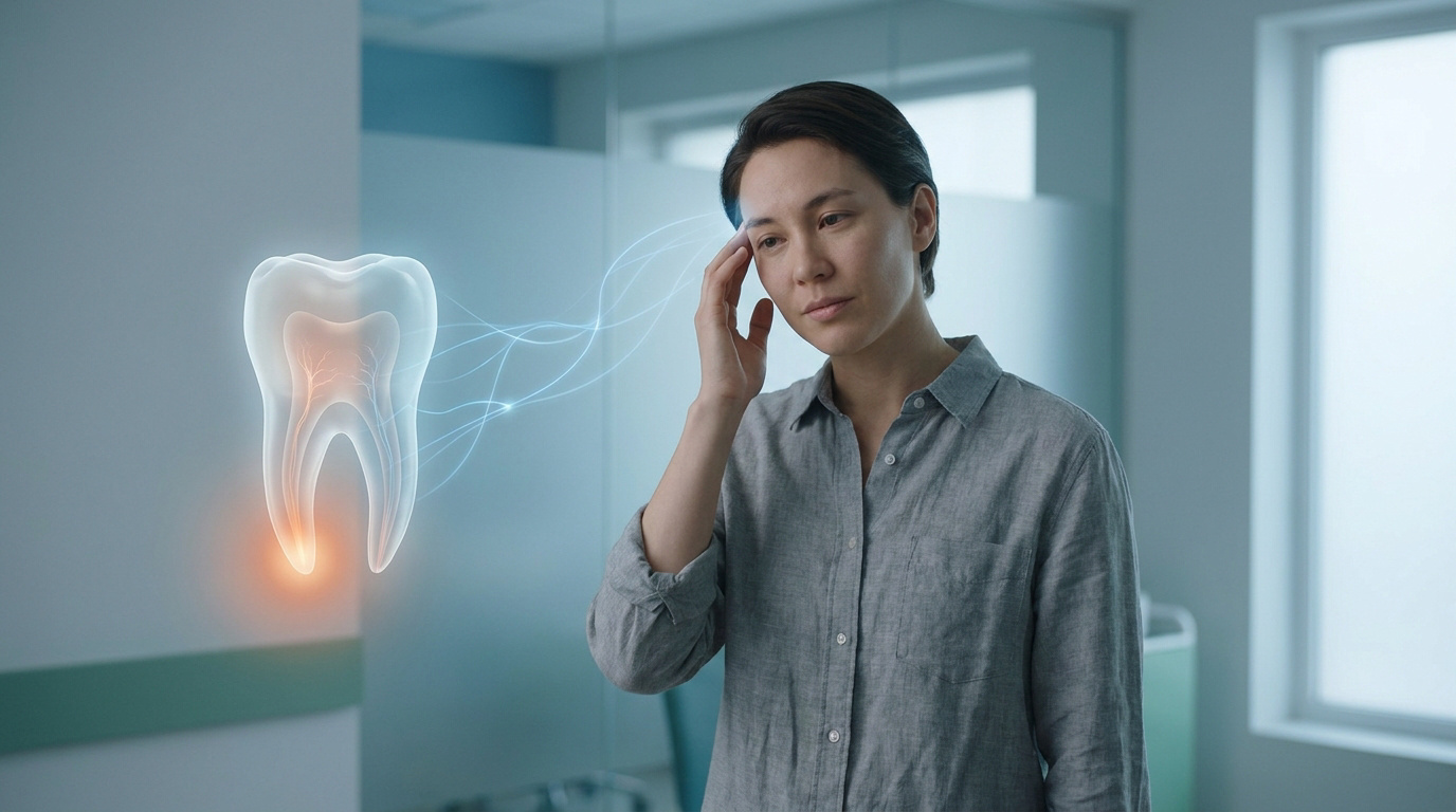 Une femme se tient la tempe à cause d'une migraine, avec une dent lumineuse et des connexions neurales stylisées.