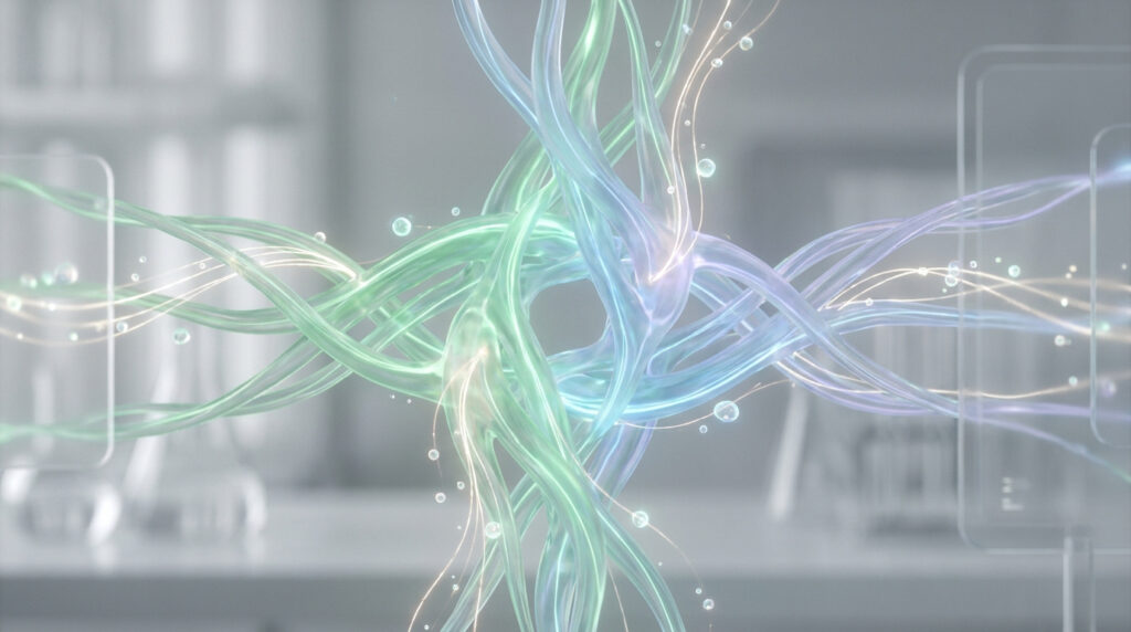 Illustration abstraite de filaments translucides verts et bleus s'entrecroisant avec des bulles et traînées lumineuses. Contexte scientifique.