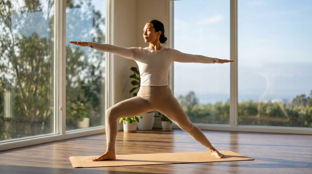 Femme en tenue de yoga beige et blanche, bras tendus, dans la posture du guerrier II, sur un tapis de yoga dans une pièce vitrée.