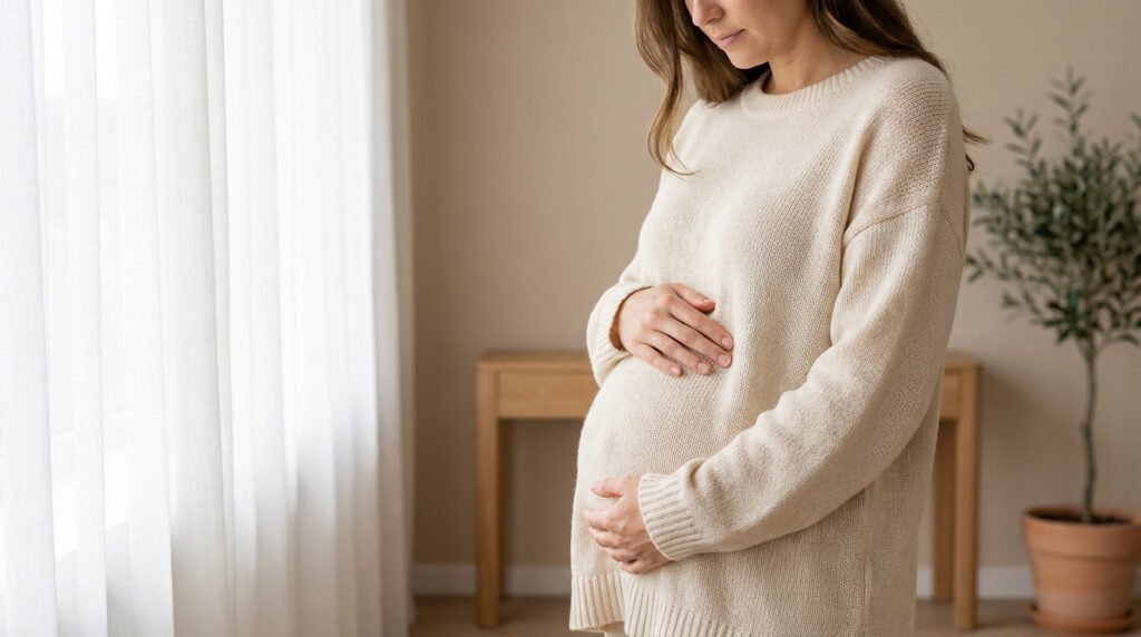 Femme enceinte en pull beige clair, les mains sur son ventre, regard baissé, dans un intérieur lumineux et serein.