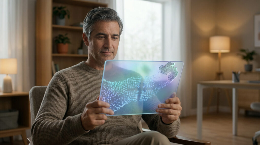 Homme mûr consultant des données de santé sur une tablette transparente affichant des visualisations 3D, dans un intérieur moderne.