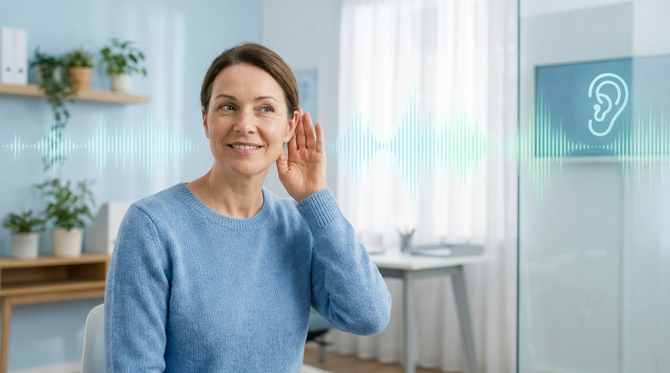 Femme souriante avec la main à l'oreille, entourée d'ondes sonores et d'une icône d'oreille, symbolisant l'amélioration de l'audition.