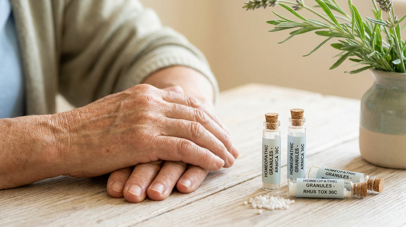 Mains d'une personne âgée posées sur une table en bois, à côté de flacons de granules homéopathiques d'Arnica et Rhus Tox.