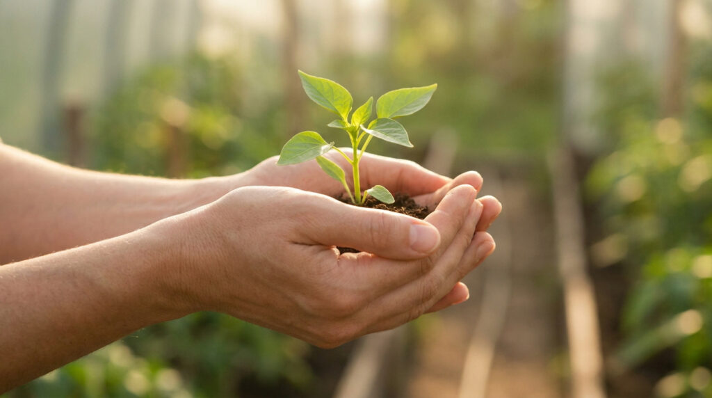 Une jeune pousse de plante verte dans des mains soigneusement jointes, sur fond flou de nature verdoyante.