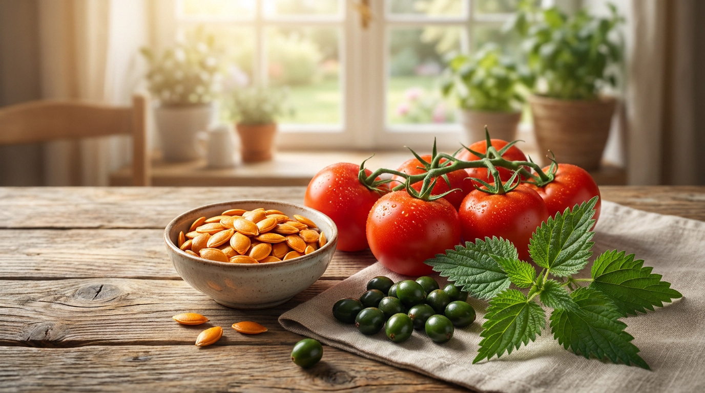 Bol de graines de courge, tomates, feuilles d'ortie et baies de palmier nain sur une table en bois devant une fenêtre lumineuse.