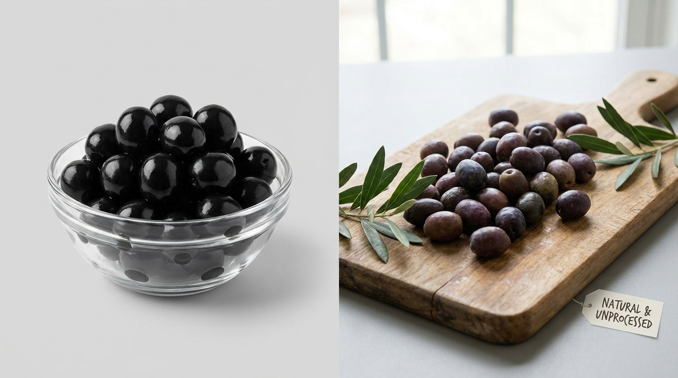 Bol d'olives noires industrielles brillantes et olives naturelles non transformées avec feuilles sur une planche en bois.