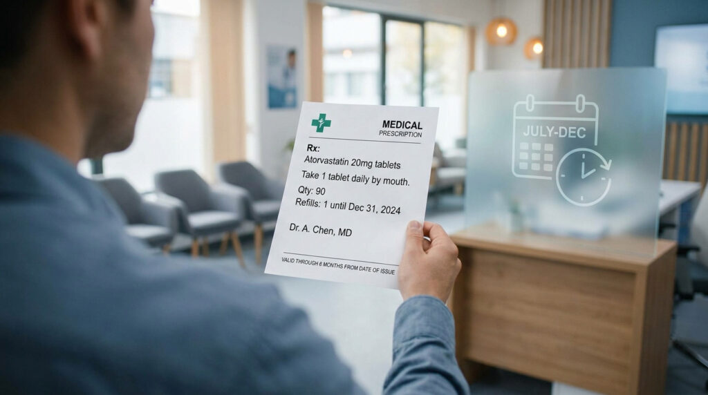 Un homme lit une ordonnance médicale indiquant une validité jusqu'au 31 déc. 2024. Écran futuriste avec calendrier et horloge.