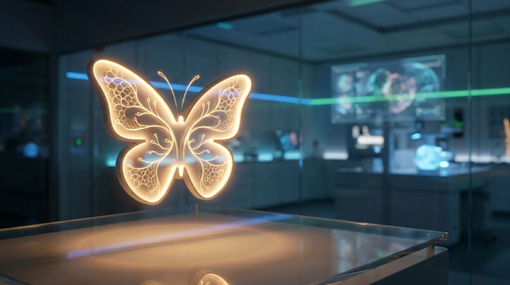 Un papillon lumineux et détaillé, évoquant la thyroïde, flotte au centre d'un laboratoire de recherche high-tech futuriste.