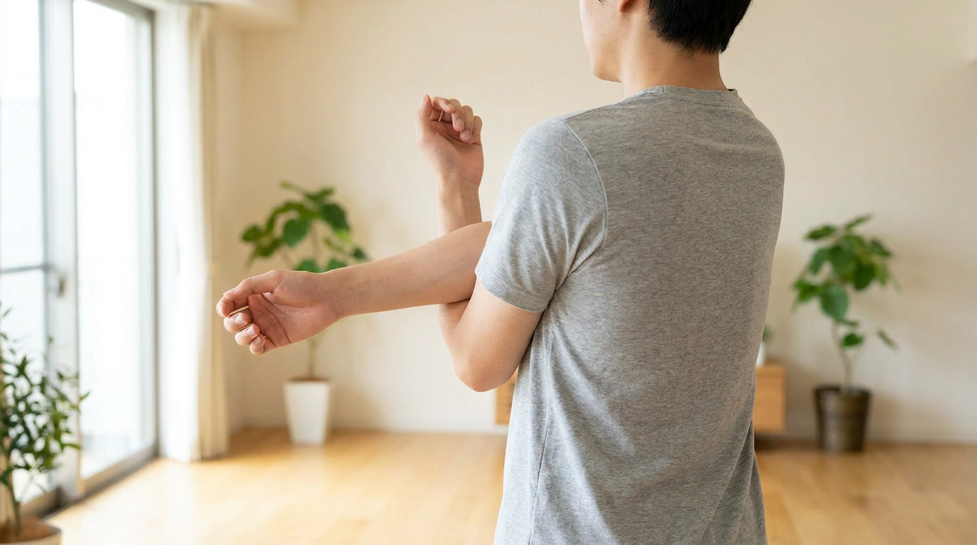 Une personne de dos, en t-shirt gris, étire un bras en travers du corps. Exercice doux pour la rééducation post-fracture.