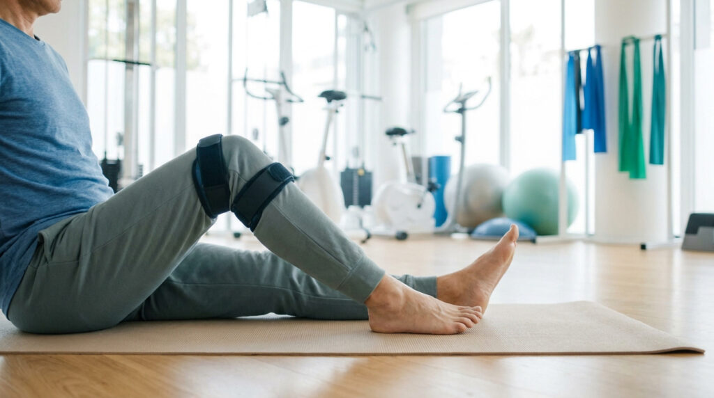 Personne effectuant un exercice de rééducation du genou avec des sangles lestées sur un tapis de sol dans une salle de sport lumineuse.