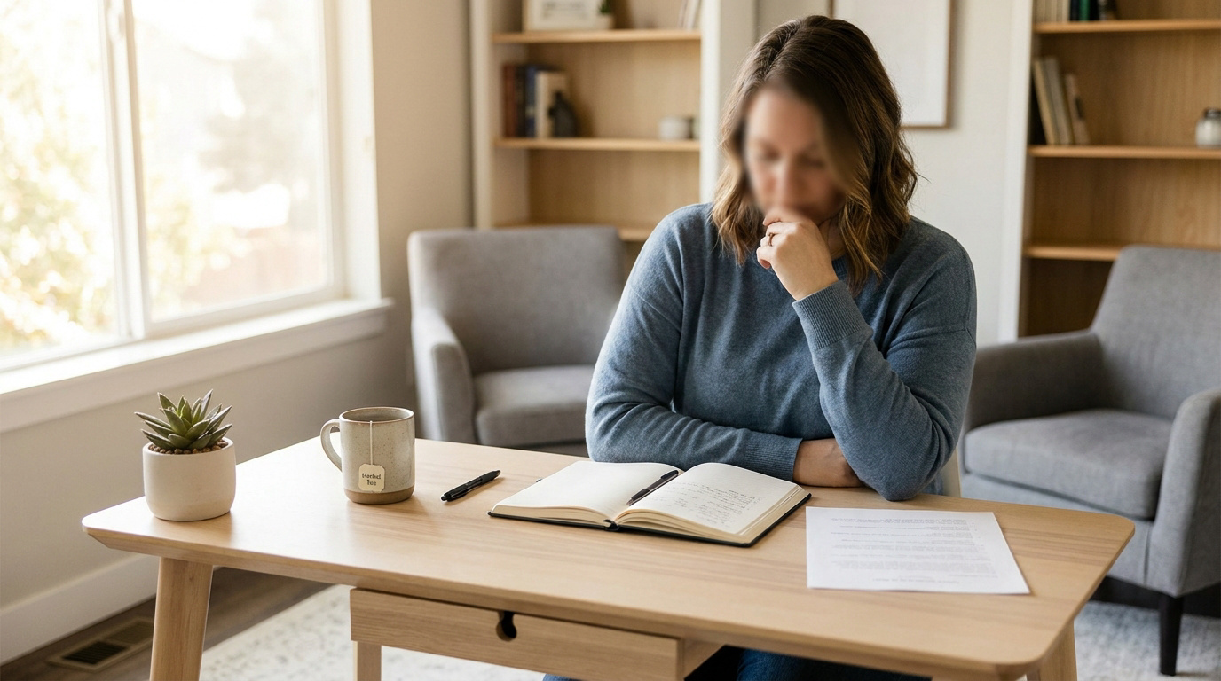 Femme pensive au bureau, main sur le menton, face floutée. Elle consulte un cahier et des documents, reflétant une réflexion sérieuse.
