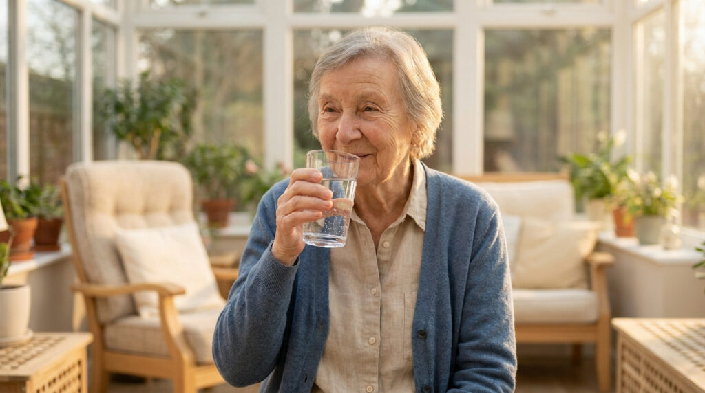 Femme âgée souriante buvant un verre d'eau, assise dans une véranda lumineuse, entourée de plantes.