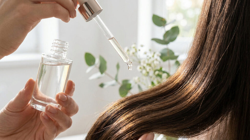 Main appliquant un sérum capillaire sur des cheveux bruns brillants avec une pipette, flacon visible, plantes en arrière-plan.