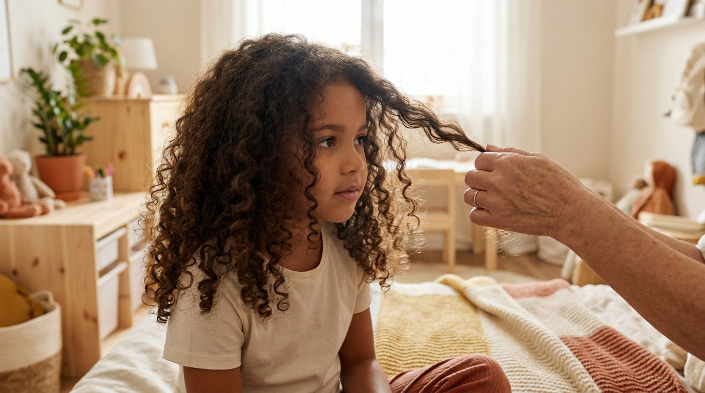 Petite fille aux cheveux bouclés regardant de côté, une main adulte tenant délicatement une mèche, dans une pièce lumineuse.