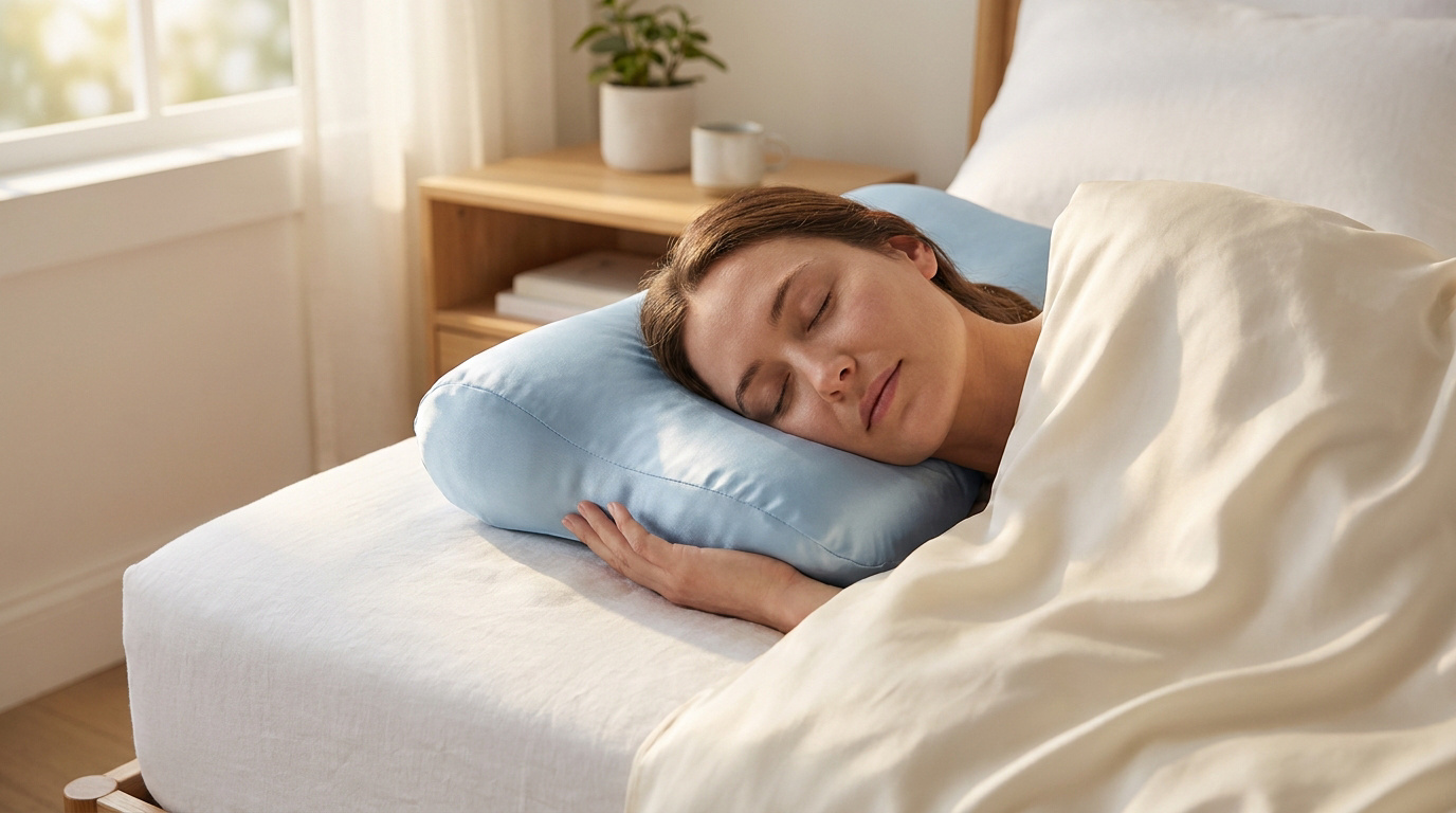 Une femme dort paisiblement sur le côté, la tête posée sur un oreiller bleu ergonomique, sous une couette beige.