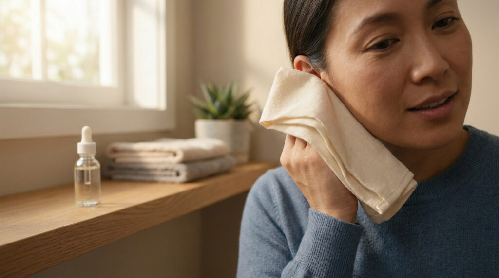 Femme appliquant une compresse chaude à son oreille pour soulager la douleur. Une bouteille compte-gouttes et des serviettes sont visibles.
