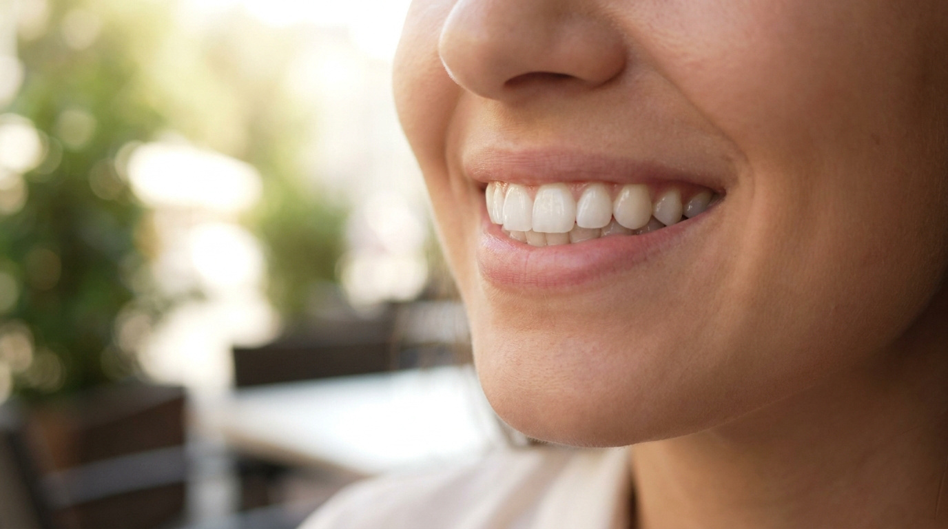 Gros plan sur la bouche souriante d'une personne aux dents blanches et parfaites, évoquant un sourire éclatant.