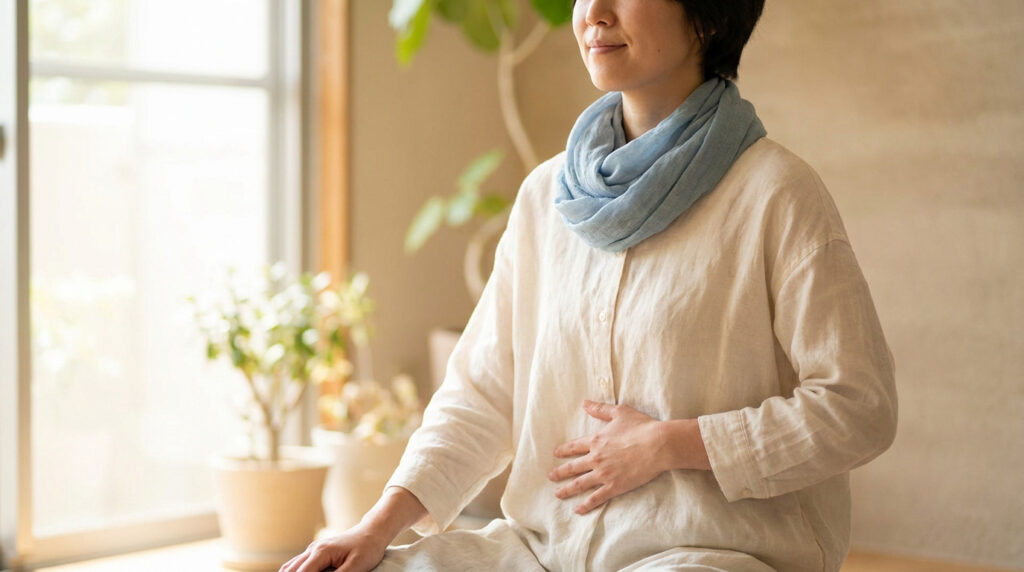 Femme assise avec une main sur son ventre, évoquant une gêne abdominale ou une séance de relaxation.