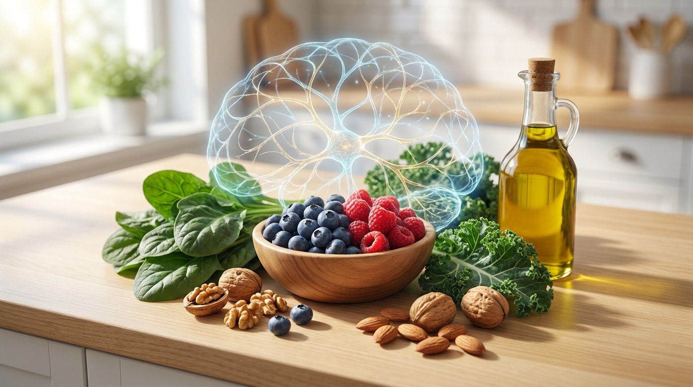 Illustration d'aliments sains avec une représentation holographique d'un cerveau humain au-dessus.