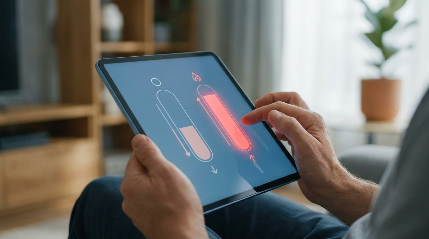 Personne utilisant une tablette affichant des jauges de ferritine pour interpréter un bilan martial.