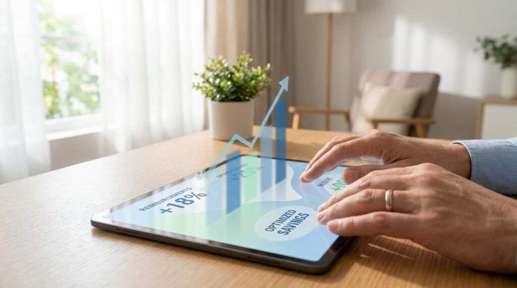 Mains d'une personne utilisant une tablette affichant un graphique de croissance financière et d'économies optimisées.