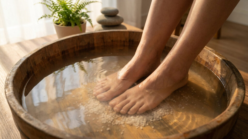 Pieds trempant dans une bassine en bois remplie d'eau et de gros sel.