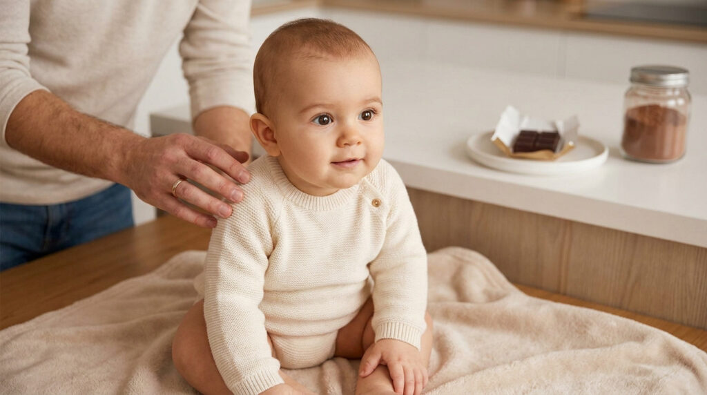 Un bébé assis sur une couverture dans une cuisine, avec du chocolat en arrière-plan et la main d'un parent sur son épaule.