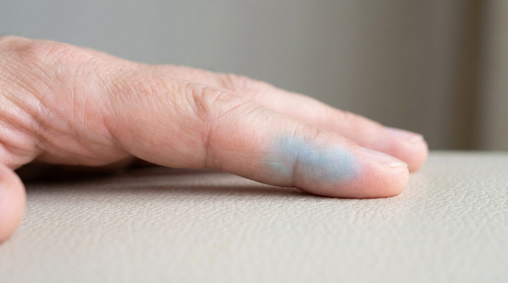 Doigt humain présentant une tache bleue ecchymotique sous la peau, symptôme du syndrome d'Achenbach.