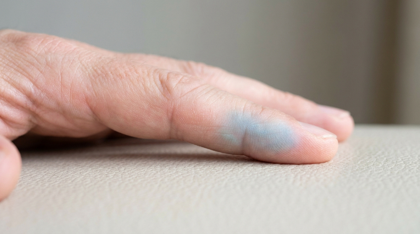 Doigt humain présentant une tache bleue ecchymotique sous la peau, symptôme du syndrome d'Achenbach.
