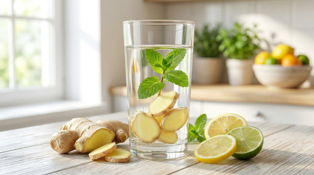 Un verre d'eau infusée avec du gingembre frais et de la menthe sur une table en bois dans une cuisine lumineuse.