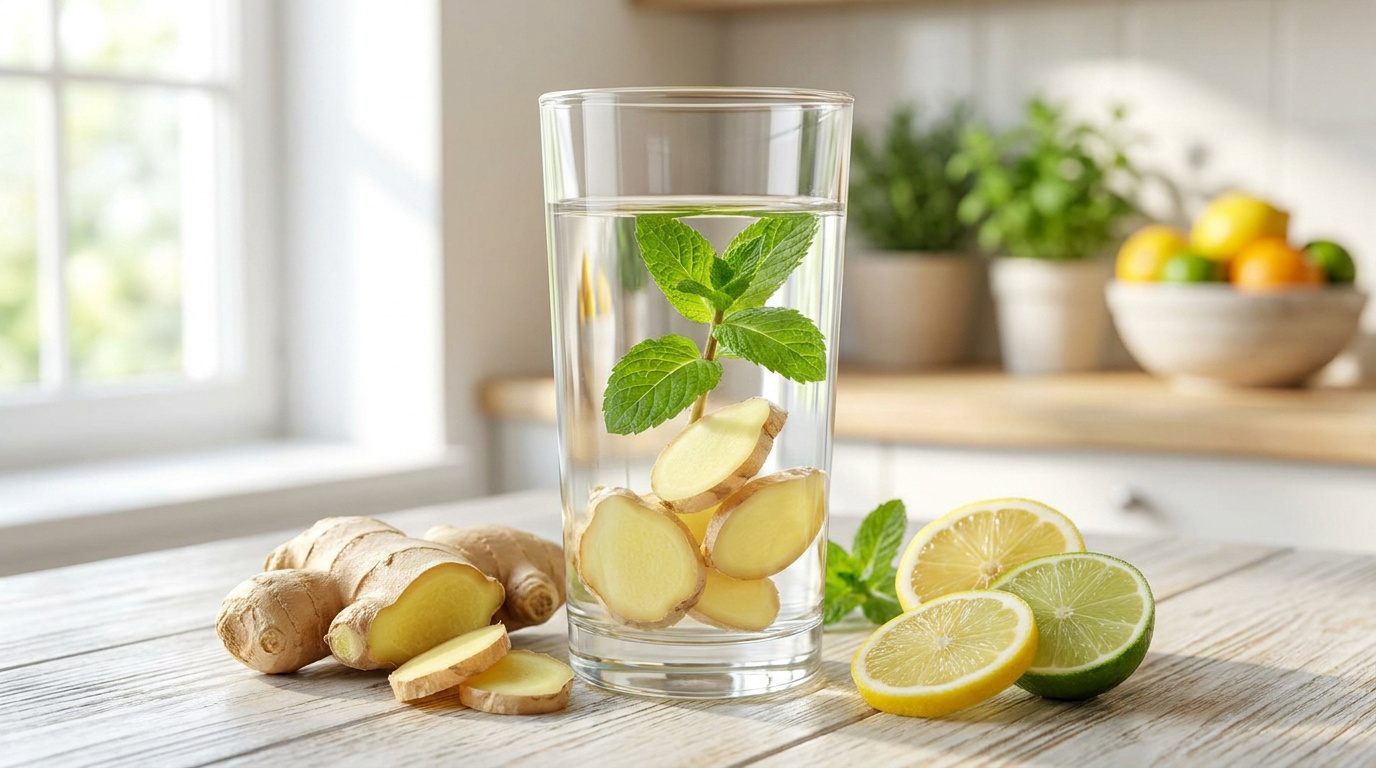 Un verre d'eau infusée avec du gingembre frais et de la menthe sur une table en bois dans une cuisine lumineuse.