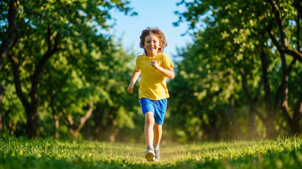 Un jeune garçon aux cheveux bouclés portant un t-shirt jaune court joyeusement dans un parc ensoleillé.