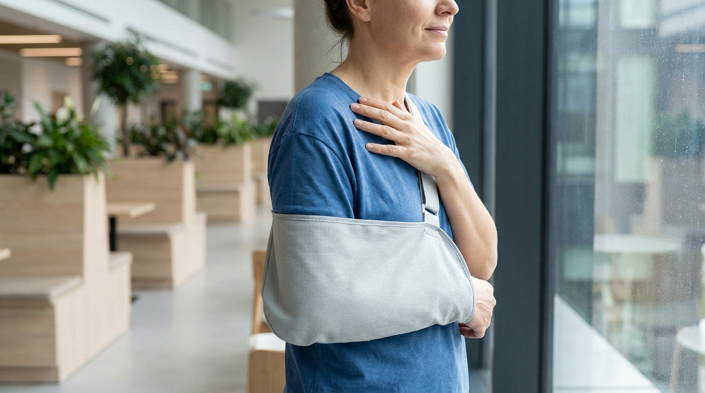 Une femme en t-shirt bleu porte une écharpe d'immobilisation grise pour soutenir son épaule blessée.
