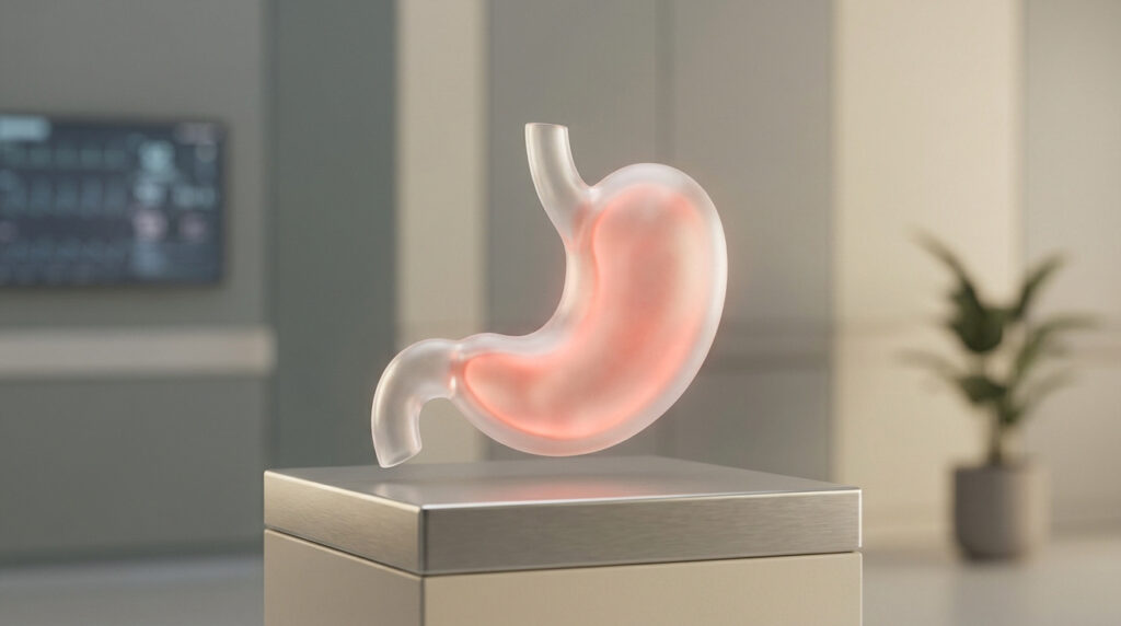 Modèle 3D d'un estomac humain translucide avec une lueur rouge à l'intérieur, posé sur un socle dans un environnement médical.