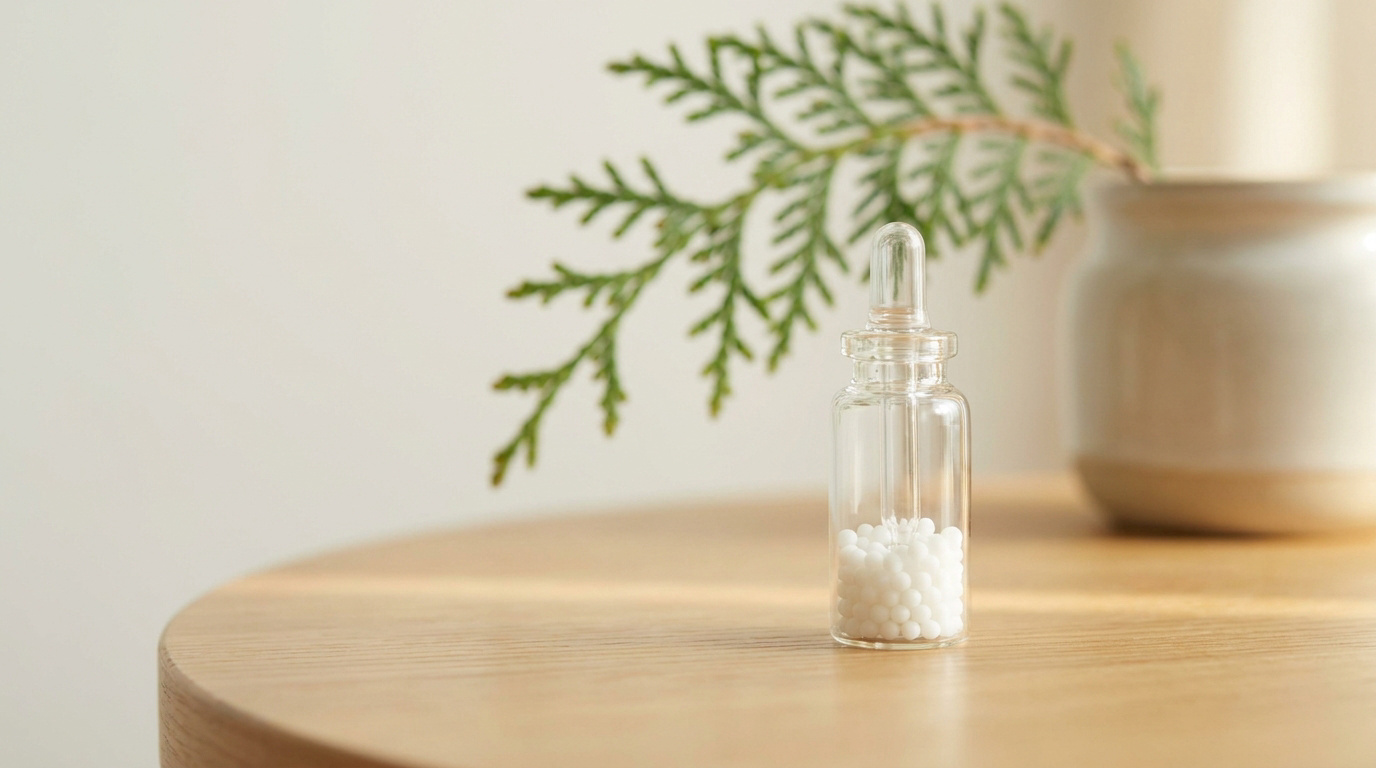 Un petit flacon en verre rempli de granules homéopathiques sur une table en bois avec une branche de thuya en arrière.
